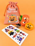 Halloween goodie bag for kids with plush slap bracelet, temporary tattoos, badge and light-up pumpkin ring
